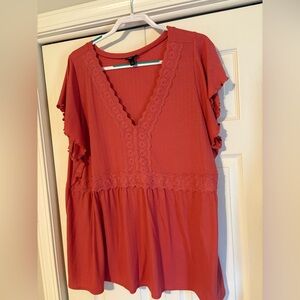 Torrid Coral V-Neck Lace Trim Top
